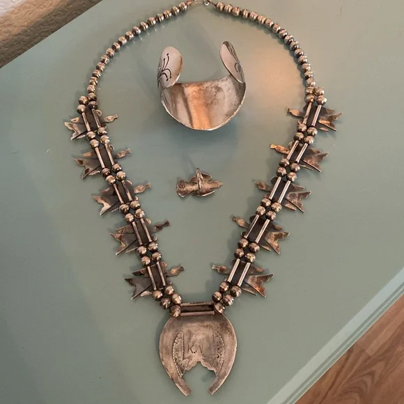 Silver Handmade Vintage Squash Blossom Necklace, Bracelet, Ring - Picture 13 of 16